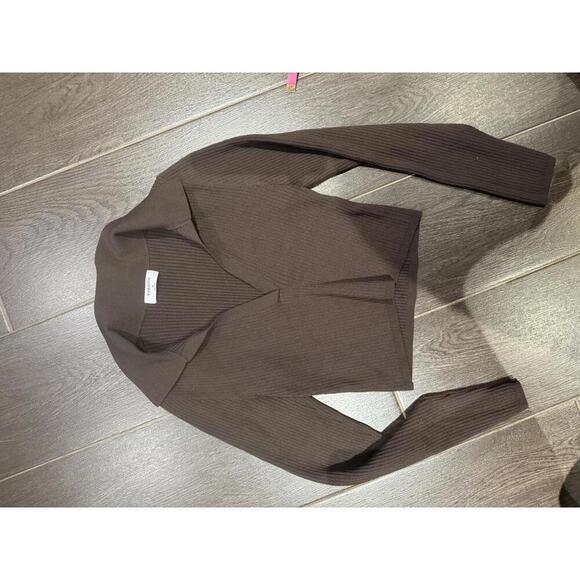 Women's Babaton Sculpt Knit Brown Ribbed Long Sleeve Polo sz M - Picture 2 of 5